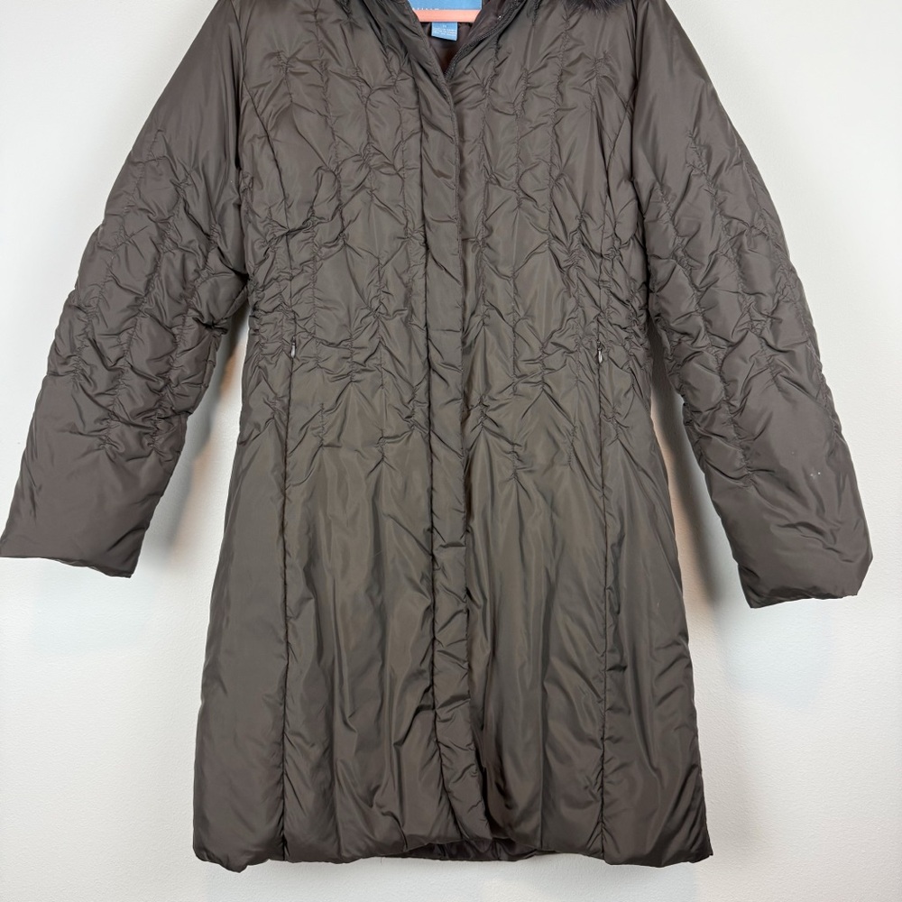 Nine West Brown Quilted Down Jacket Coat Rabbit‎ Fur Trim Hooded Size Medium - Picture 6 of 15